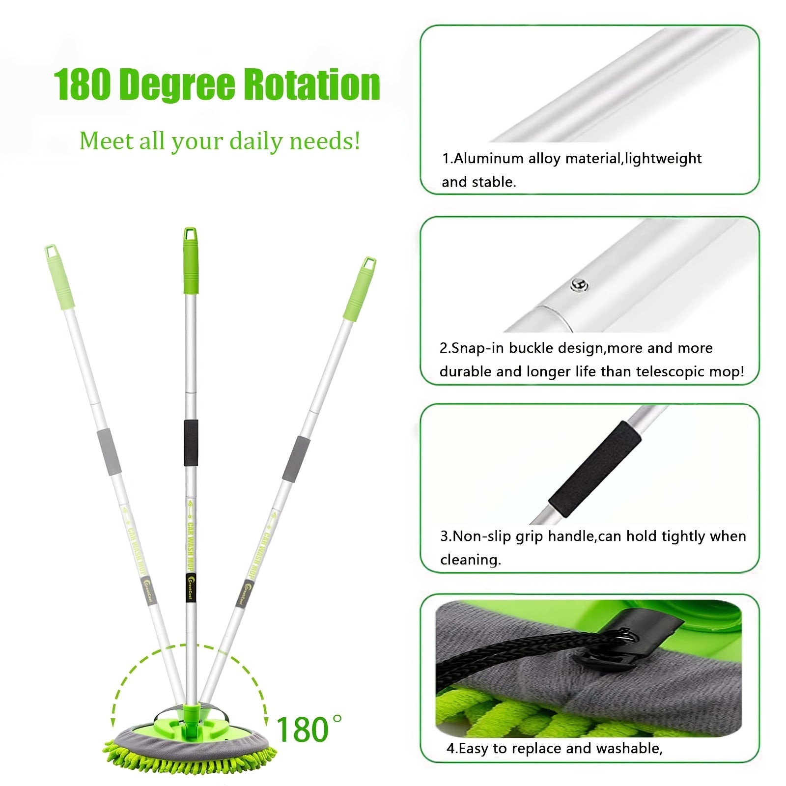 62" Car Wash Brush Kit With Long Handle, Scratch Mop Cleaning Mitt Suitable For Washing Cars Truck SUV RV Caravans And Household(2 X Mop Head)