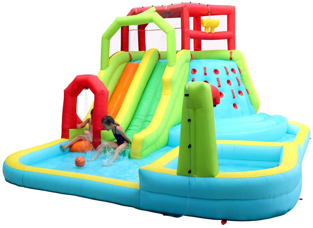 Inflatable Water Slide Park with Splash Pool Climb Wall, 3 Inflatable Sport Balls and 4 Water Guns, Water Slide with Air Blower