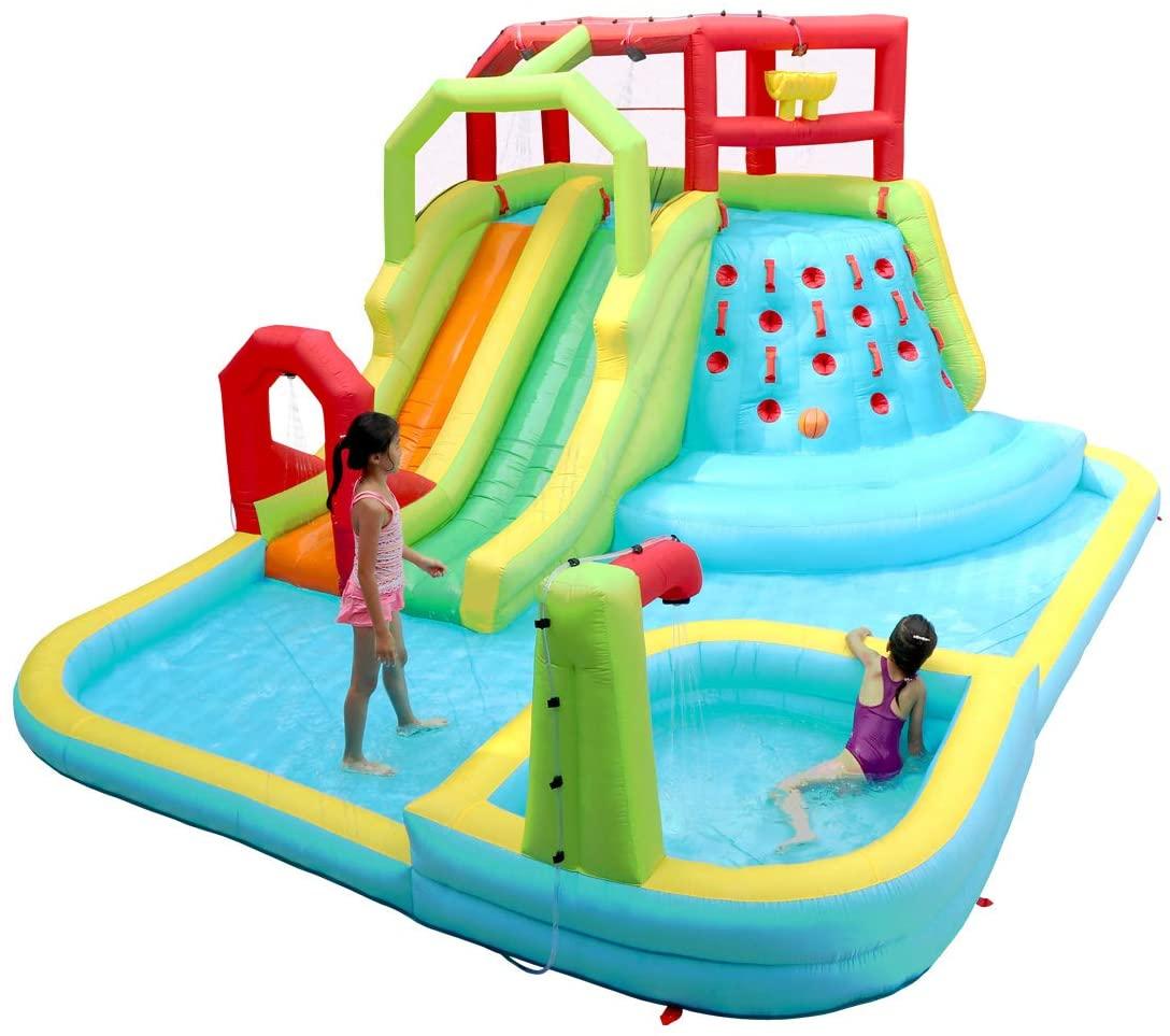 Inflatable Water Slide Park with Splash Pool Climb Wall, 3 Inflatable Sport Balls and 4 Water Guns, Water Slide with Air Blower