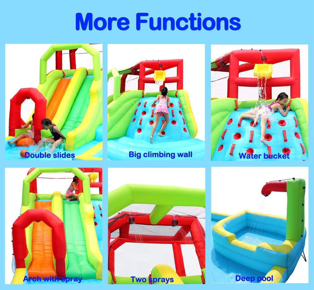 Inflatable Water Slide Park with Splash Pool Climb Wall, 3 Inflatable Sport Balls and 4 Water Guns, Water Slide with Air Blower