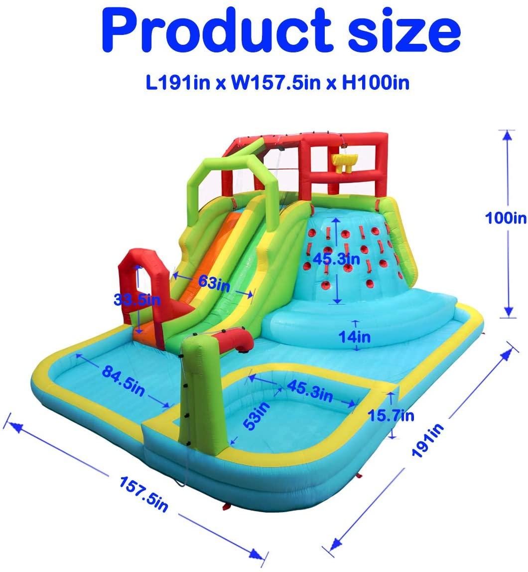 Inflatable Water Slide Park with Splash Pool Climb Wall, 3 Inflatable Sport Balls and 4 Water Guns, Water Slide with Air Blower
