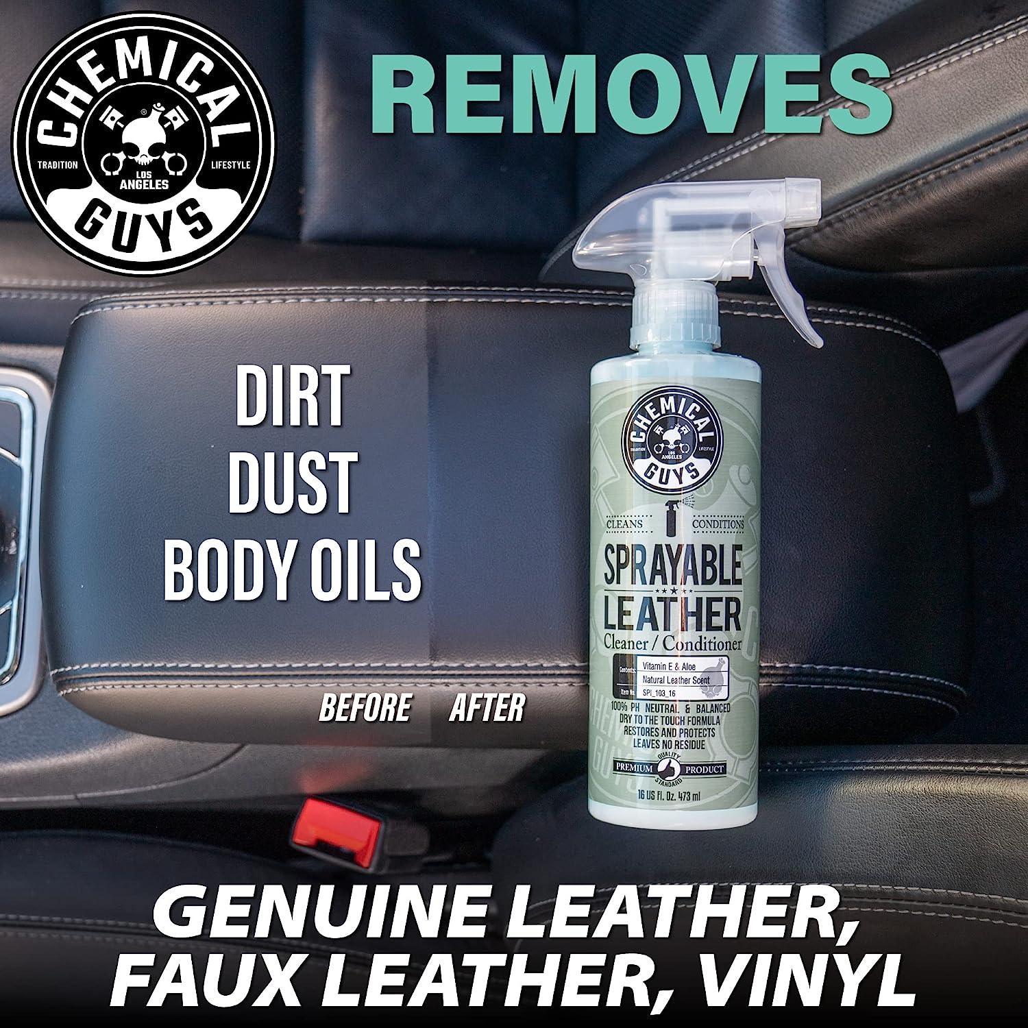 Chemical Guys SPI22016 Total Interior Cleaner and Protectant, 16 fl oz &amp; SPI_103_16 Sprayable Leather Cleaner and Conditioner in One for Car Interiors, Apparel, and More Leather Scent, 16 fl oz
