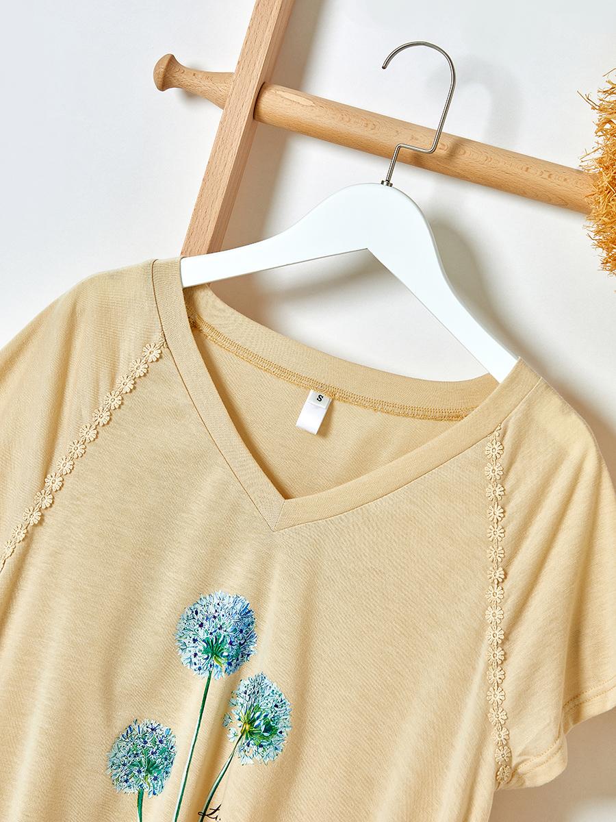 Ladies Dandelion Printed V-Neck Short Sleeve T-Shirt