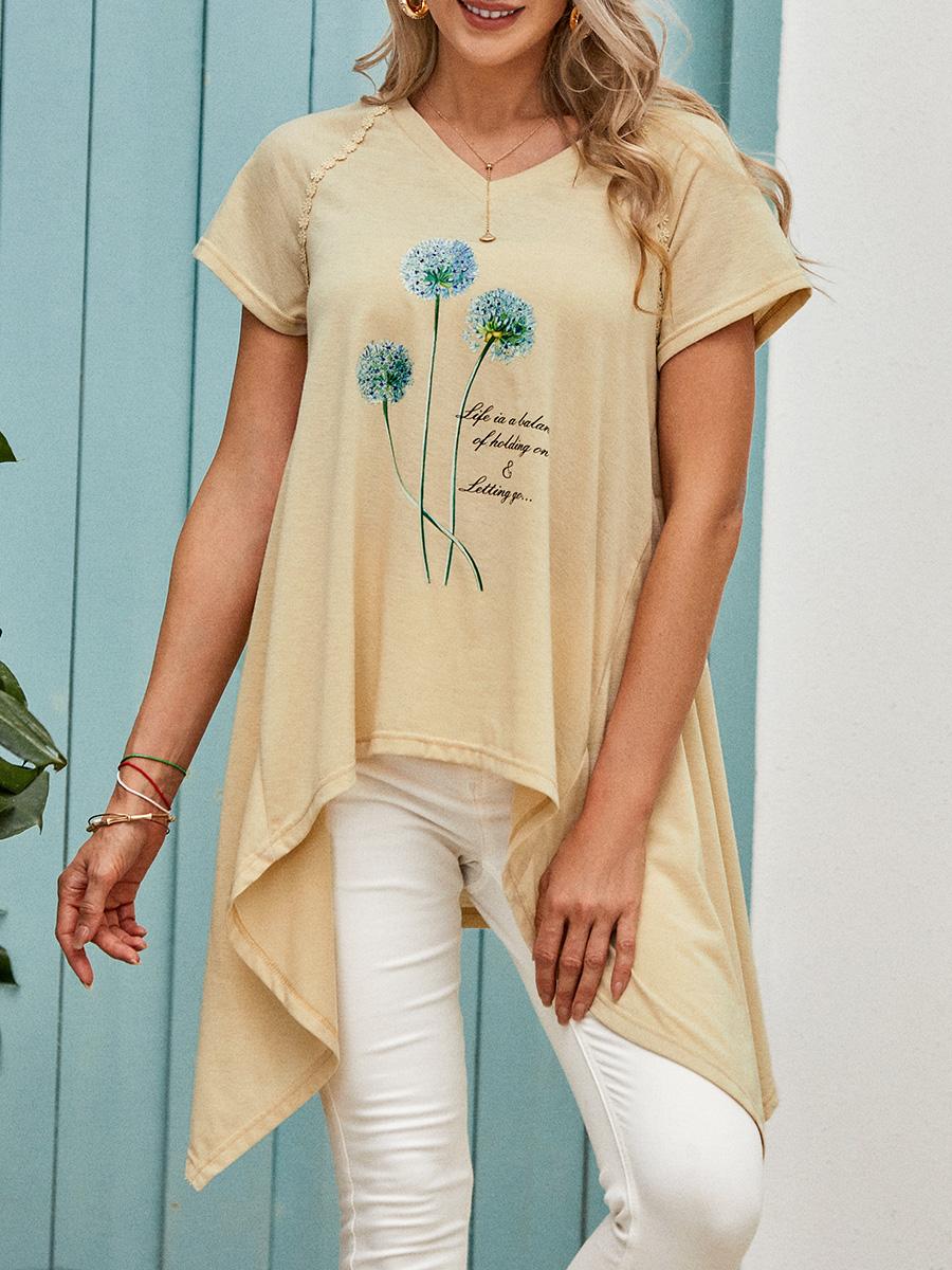Ladies Dandelion Printed V-Neck Short Sleeve T-Shirt