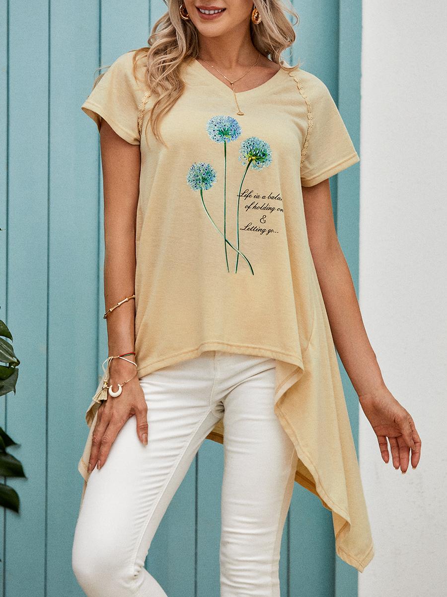 Ladies Dandelion Printed V-Neck Short Sleeve T-Shirt