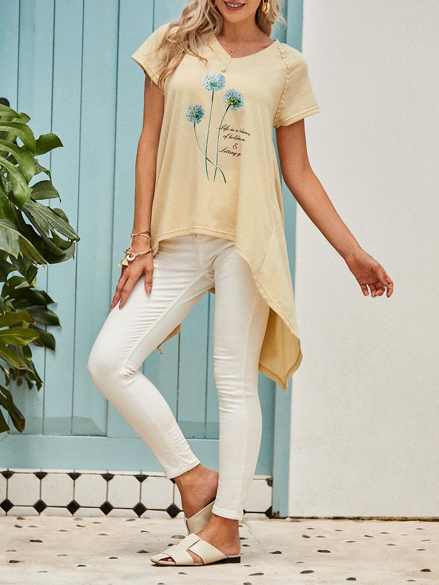 Ladies Dandelion Printed V-Neck Short Sleeve T-Shirt