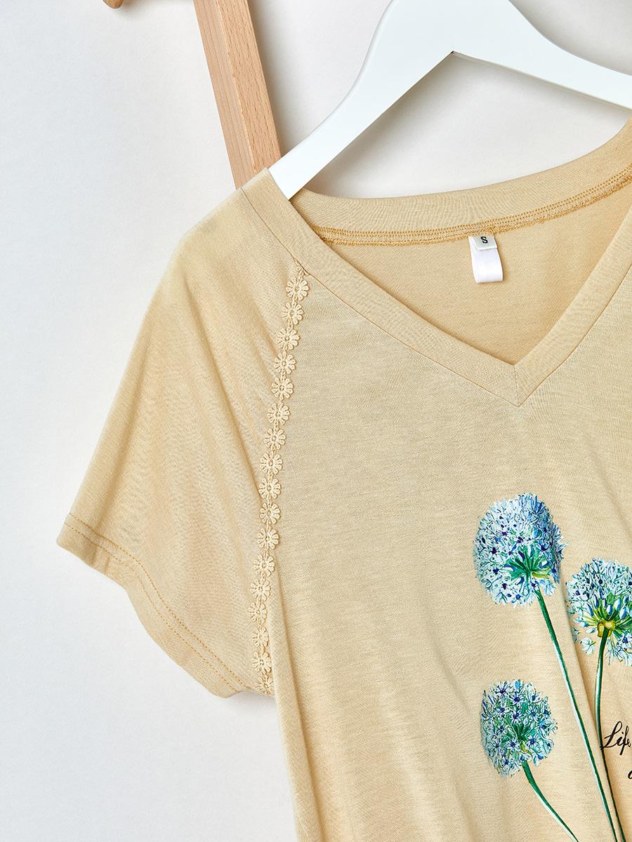Ladies Dandelion Printed V-Neck Short Sleeve T-Shirt