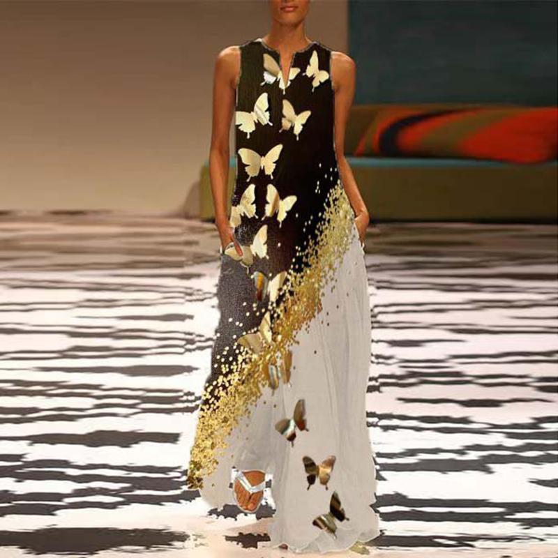 Casual V-neck Sleeveless Butterfly Print Dress