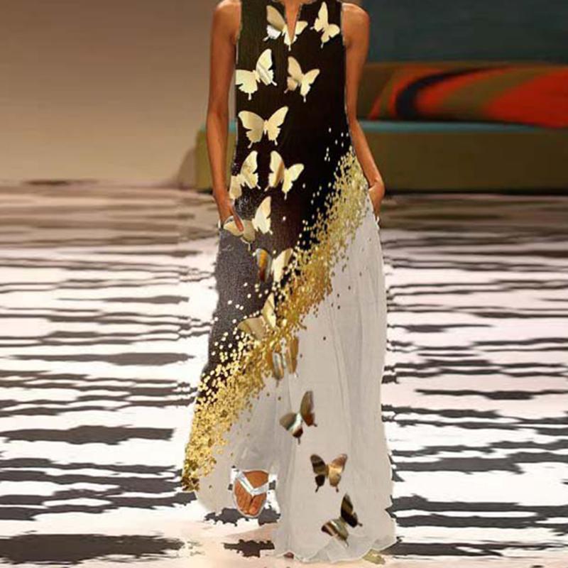 Casual V-neck Sleeveless Butterfly Print Dress