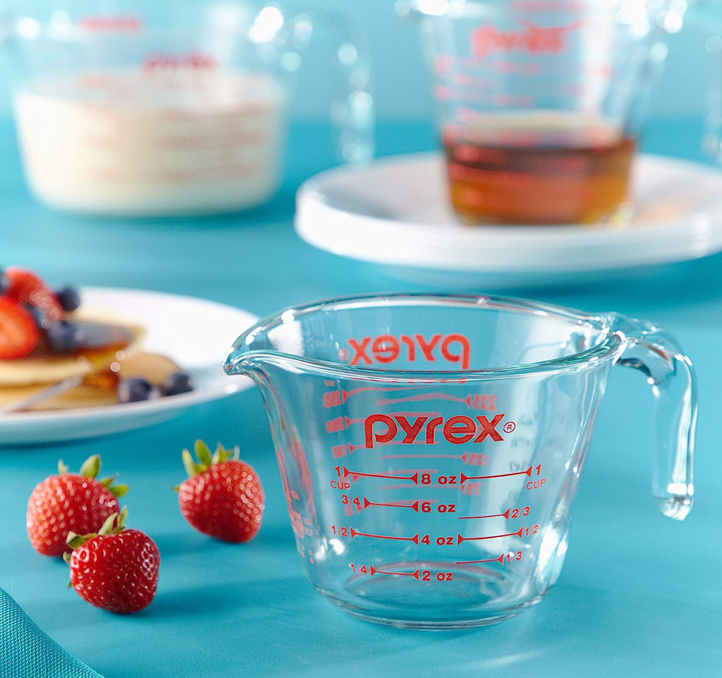 Pyrex 3 Piece Glass Measuring Cup Set, Includes 1-Cup, 2-Cup, and 4-Cup Tempered Glass Liquid Measuring Cups, Dishwasher, Freezer, Microwave, and Preheated Oven Safe, Essential Kitchen Tools