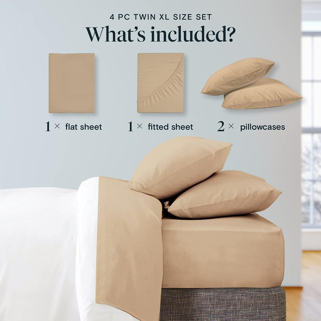LuxClub Twin XL Sheets Set - Soft Twin Bed Sheets for Boys and Girls, 4 PC Deep Pockets 18" Eco Friendly Wrinkle Free Kids Fitted Sheets Machine Washable Hotel Bedding Silky Soft - Light Khaki Twin XL