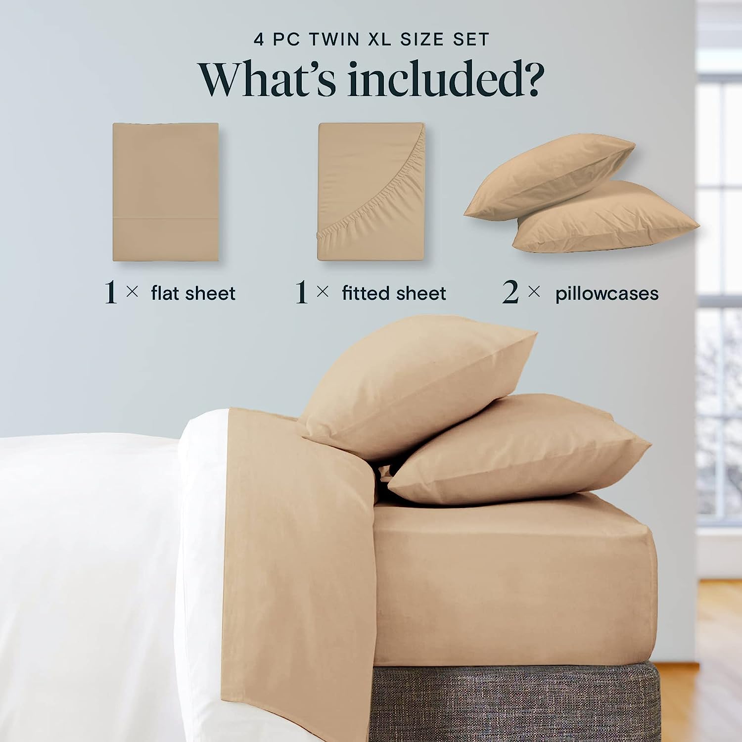 LuxClub Twin XL Sheets Set - Soft Twin Bed Sheets for Boys and Girls, 4 PC Deep Pockets 18" Eco Friendly Wrinkle Free Kids Fitted Sheets Machine Washable Hotel Bedding Silky Soft - Light Khaki Twin XL
