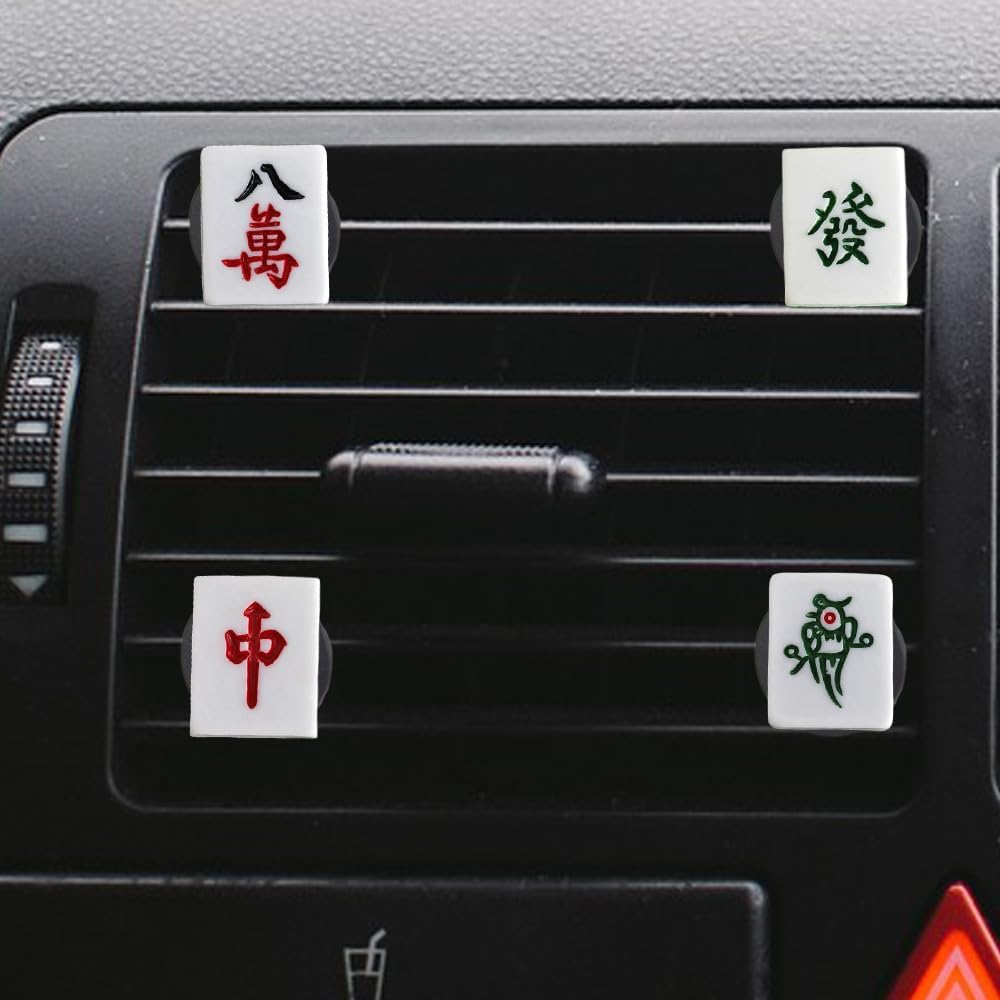 ZOSTLAND Red and Green Car Air Vent Clip Decoration,Eight Character tiles Car Air Fresheners,Chicken Automotive Interior Decoration Accessories,Car Decor Gift for women,men(4pcs Mahjong)