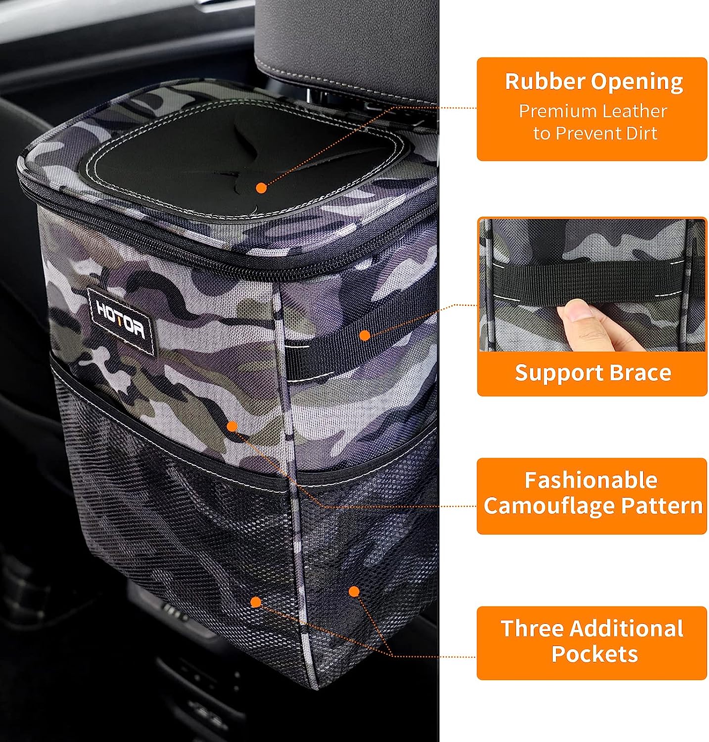 HOTOR Car Trash Can, Multifunctional Car Accessory for Interior Car Stuff Storage with Compact Design, Waterproof Car Organizer and Storage with Adjustable Straps, Magnetic Snaps (Camouflage Grey)