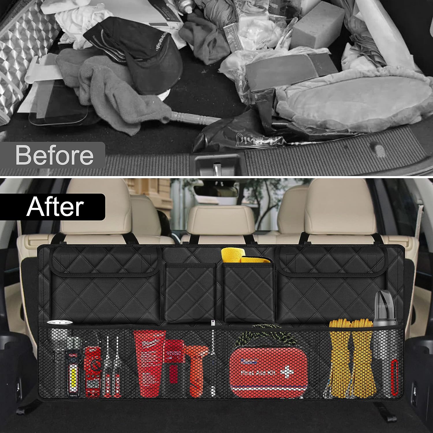 Femuar Car Trunk Organizer,Large Capacity Backseat Trunk Organizer(42"*18"),Collapsible Car Storage Bag with 8 Pocekt,Car Organizer for SUV/MPV/Truck - Black