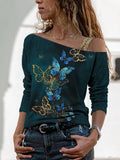 Fashion Butterfly Print One-shoulder Top Women
