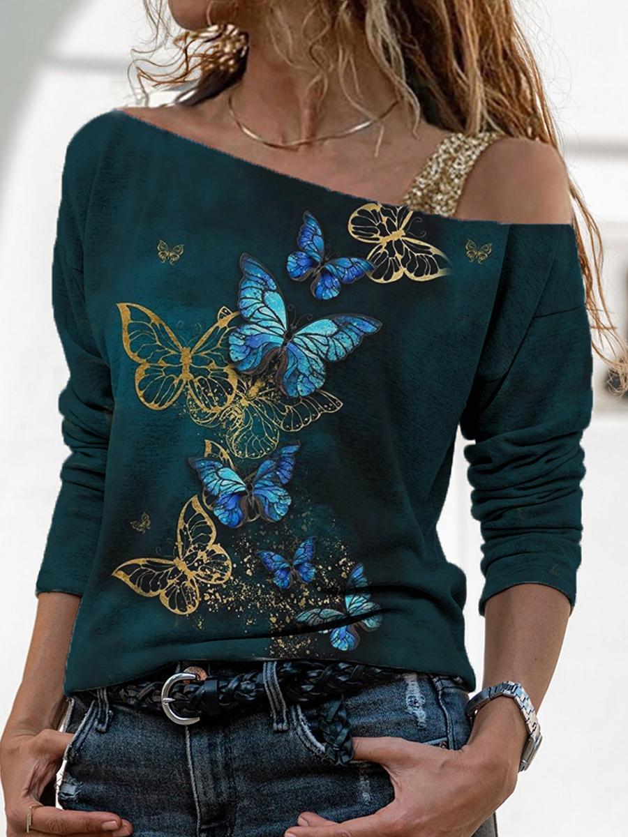 Fashion Butterfly Print One-shoulder Top Women