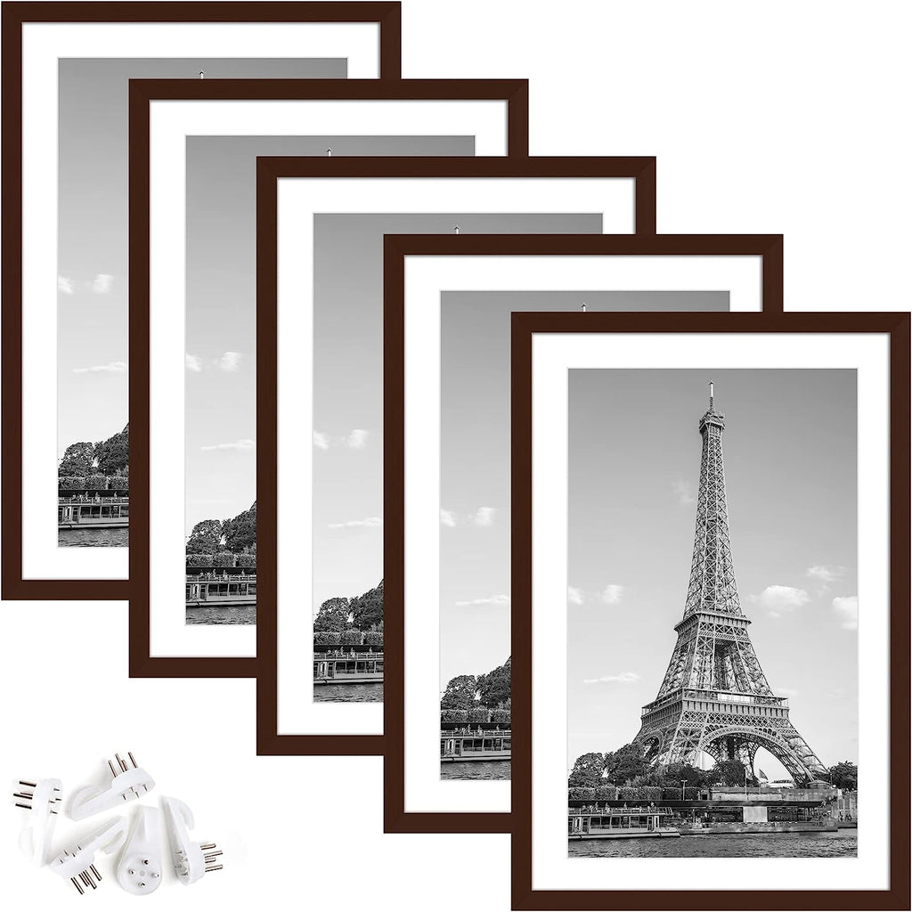 upsimples 11x17 Picture Frame Set of 5, Display Pictures 9x15 with Mat or 11x17 Without Mat, Wall Gallery Photo Frames, Brown