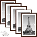 upsimples 11x17 Picture Frame Set of 5, Display Pictures 9x15 with Mat or 11x17 Without Mat, Wall Gallery Photo Frames, Brown