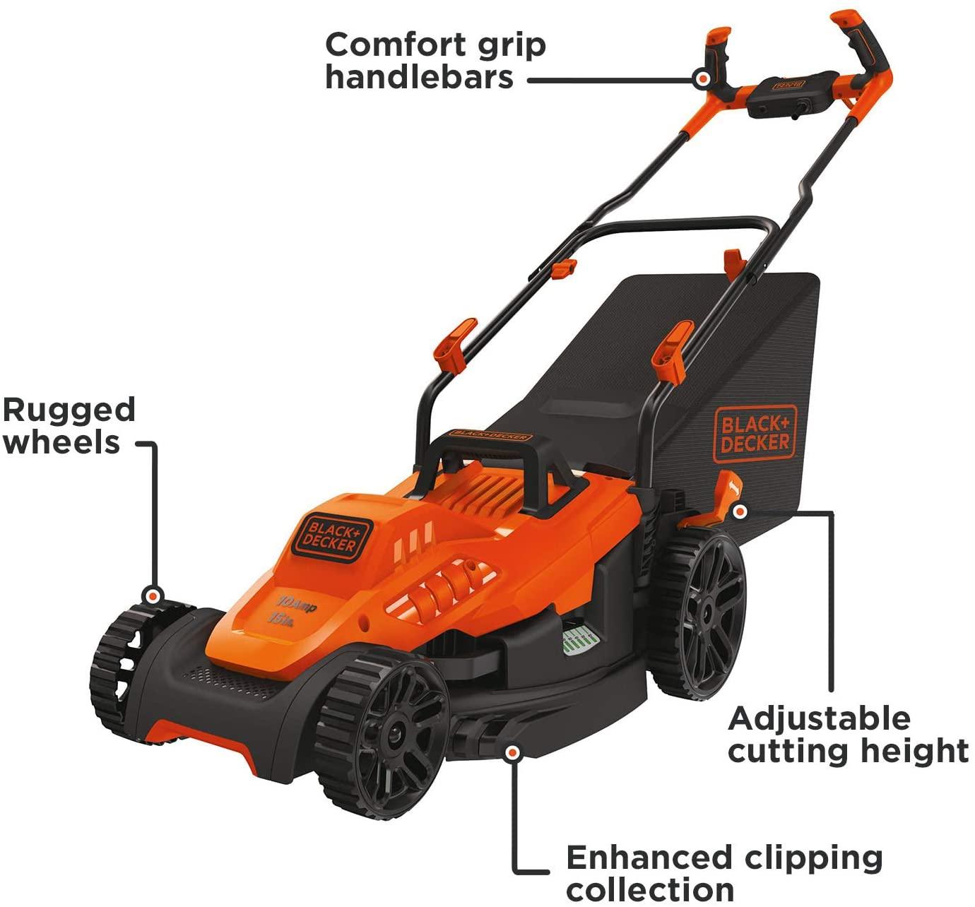 BLACK+DECKER Electric Lawn Mower with Bike Handle, 15-Inch, 10-Amp, Corded (BEMW472BH)