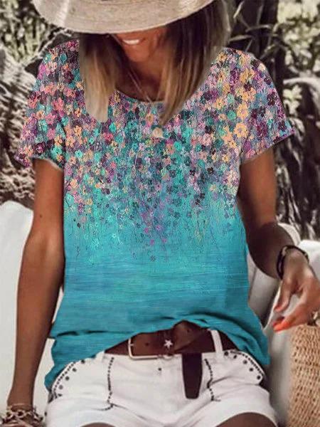 Womens Casual Crew Neck Flower Print Short Sleeve Tops