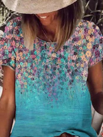 Womens Casual Crew Neck Flower Print Short Sleeve Tops