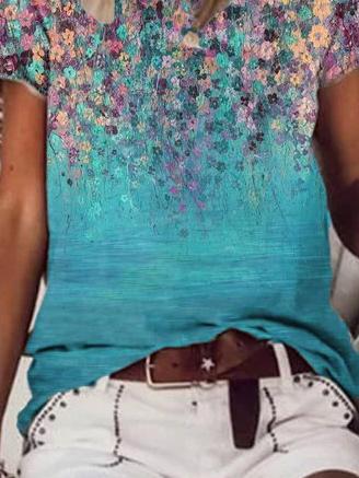 Womens Casual Crew Neck Flower Print Short Sleeve Tops