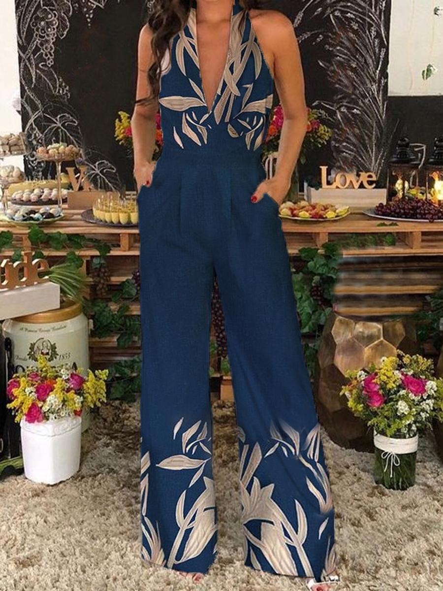 Fashion Leaf Floral Print V-neck Jumpsuit Women
