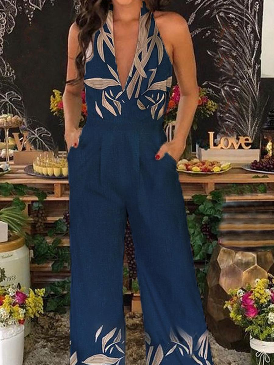 Fashion Leaf Floral Print V-neck Jumpsuit Women