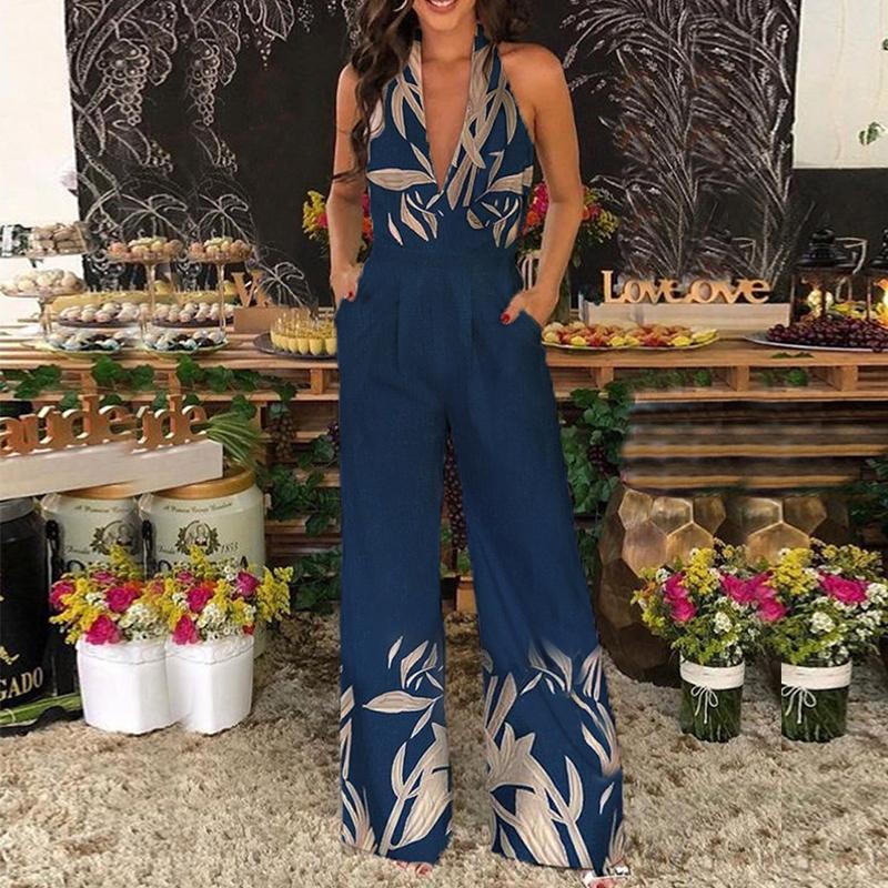 Fashion Leaf Floral Print V-neck Jumpsuit Women