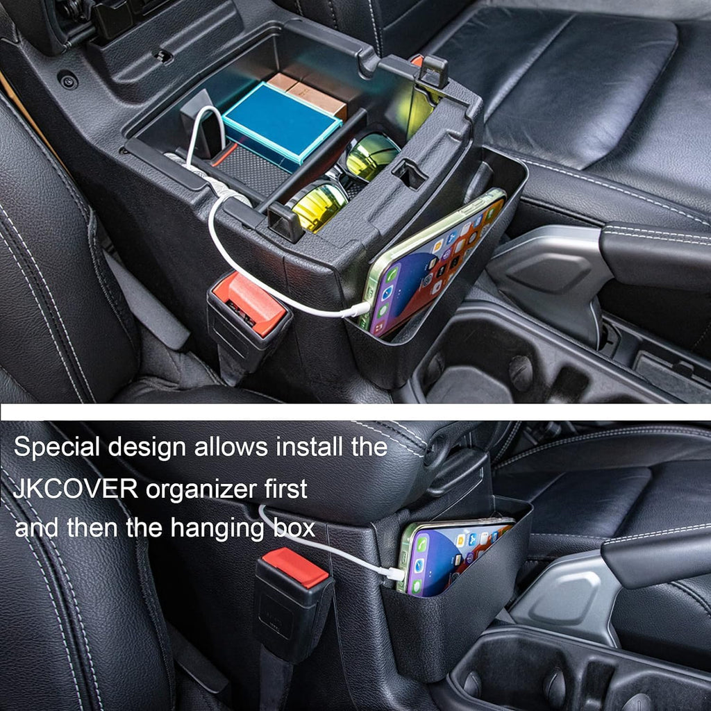 3PCS Center Console Organizer Tray Box Compatible with 2018-2024 Wrangler and 2020-2023 Gladiator Gear Shift Organizer Armrest Accessories Hanging Box（Not for JK/JKU）