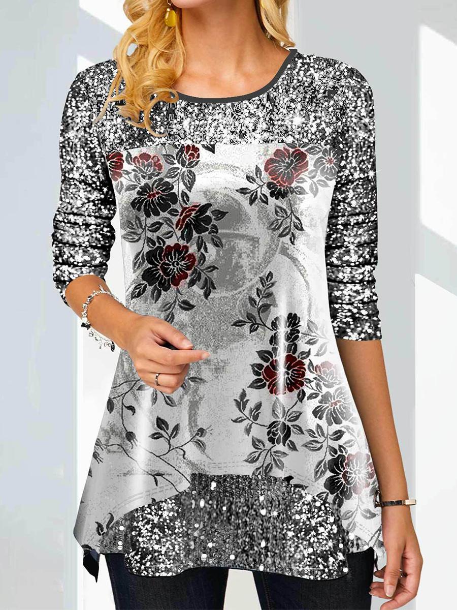 Fashion O-Neck Plant Flower Print Long-Sleeved T-Shirt