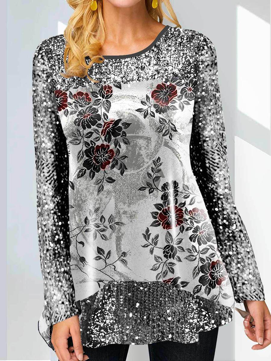 Fashion O-Neck Plant Flower Print Long-Sleeved T-Shirt