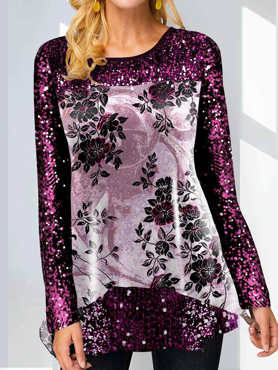 Fashion O-Neck Plant Flower Print Long-Sleeved T-Shirt