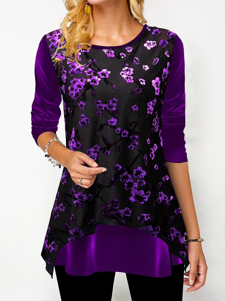 Fashion O-Neck Plant Flower Print Long-Sleeved T-Shirt