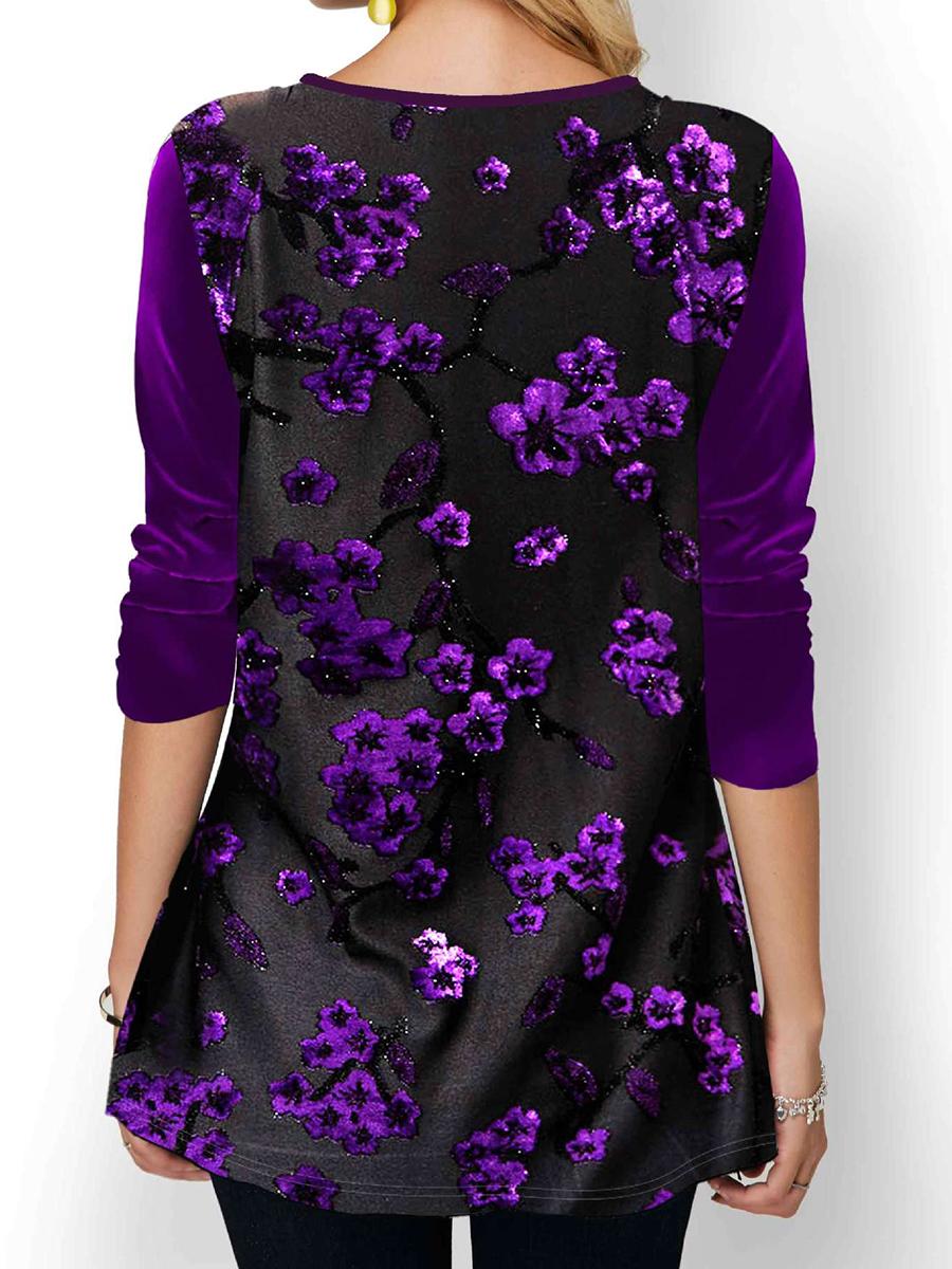 Fashion O-Neck Plant Flower Print Long-Sleeved T-Shirt