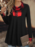 Casual Plaid Stitching Cowl Neck Long Sleeves T-shirt