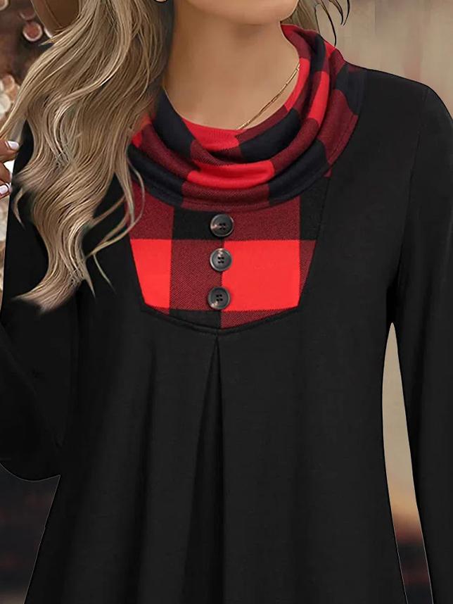 Casual Plaid Stitching Cowl Neck Long Sleeves T-shirt