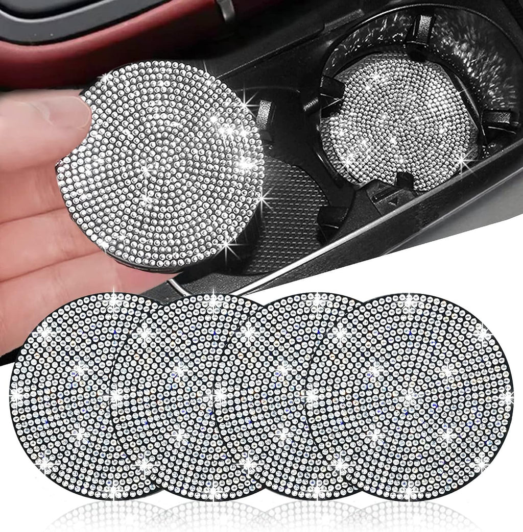 4pcs Bling Car Coaster, Universal Bling Car Interior Accessories for Women, 2.75 inch Silicone Anti-Slip Shockproof Fashion Vehicle Automotive Cup Holder Coasters Insert Crystal Rhinestone (White)