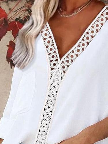 Pure Color Loose Casual V-Neck Long-Sleeved Blouse