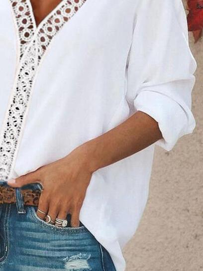 Pure Color Loose Casual V-Neck Long-Sleeved Blouse