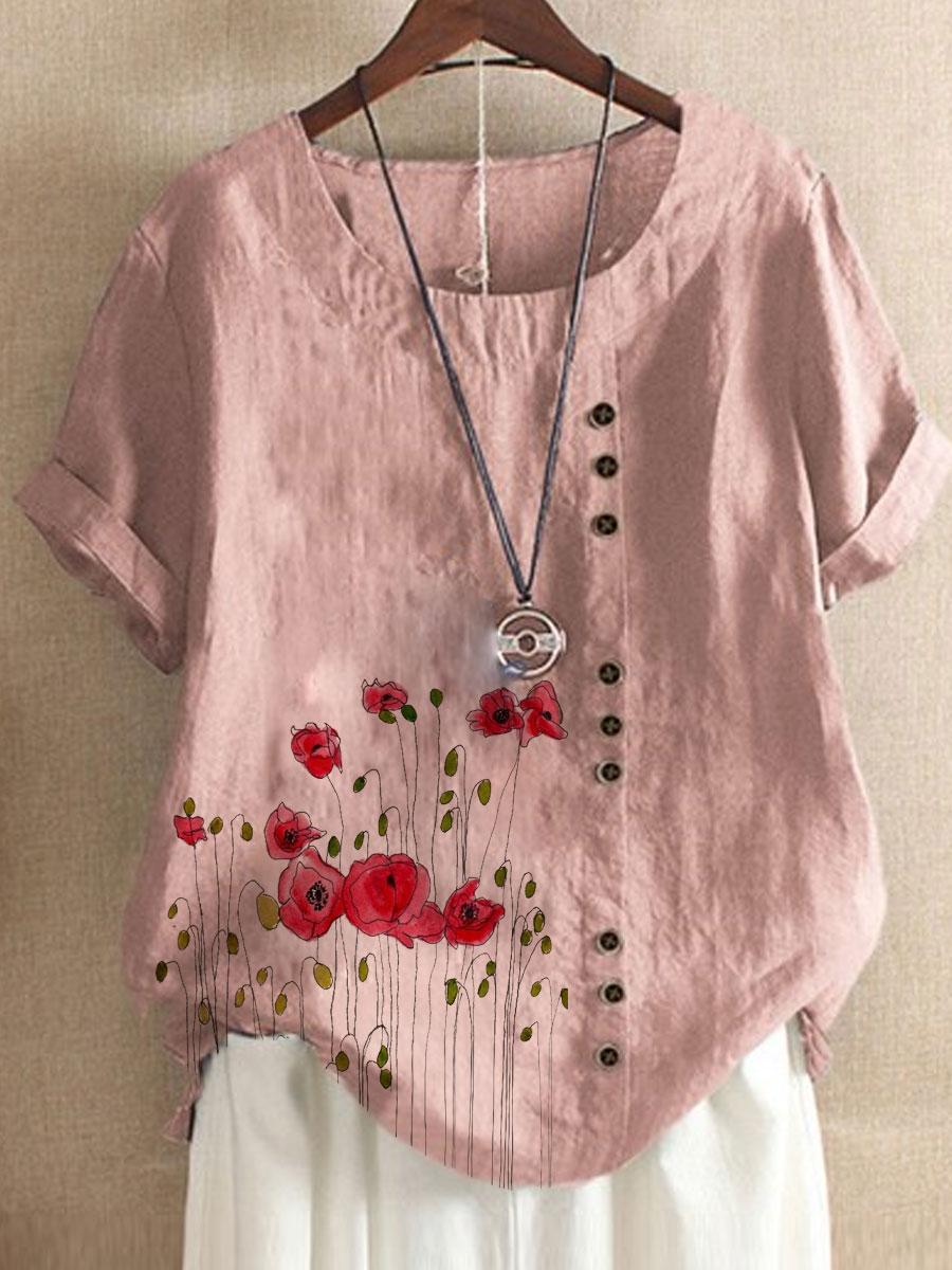 Round Neck Floral Print Casual Short-sleeved Fashion Blouse
