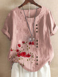 Round Neck Floral Print Casual Short-sleeved Fashion Blouse