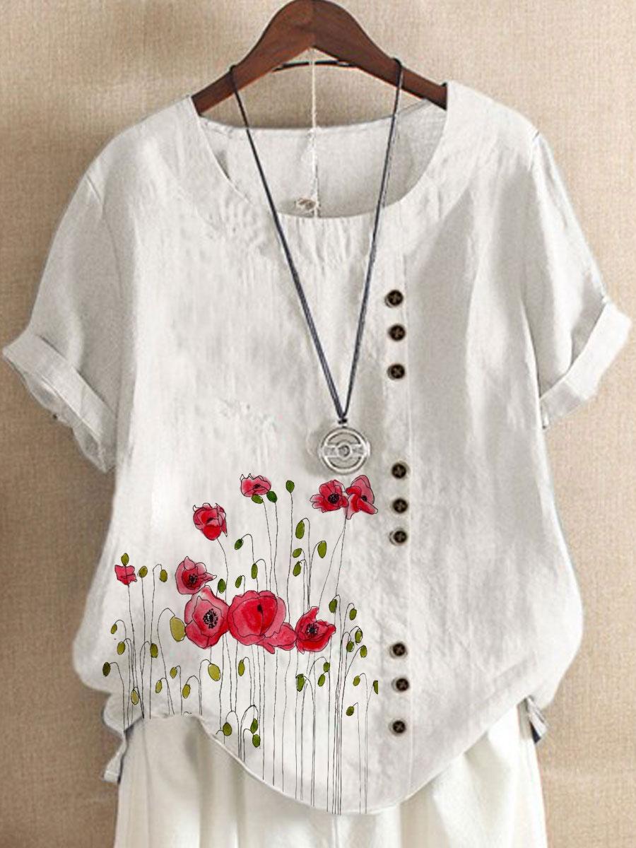 Round Neck Floral Print Casual Short-sleeved Fashion Blouse