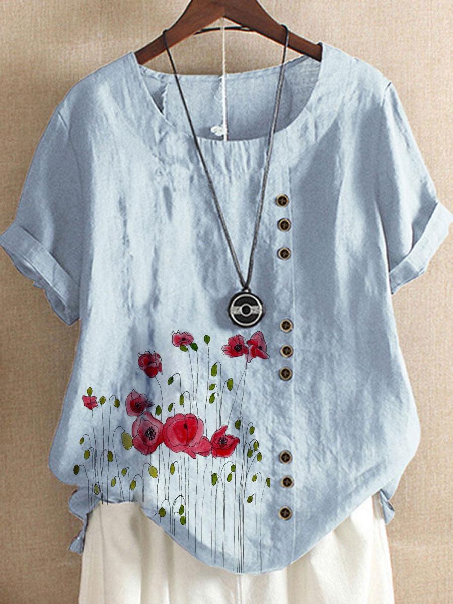 Round Neck Floral Print Casual Short-sleeved Fashion Blouse