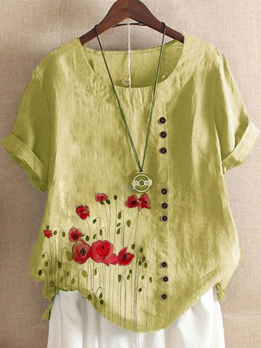 Round Neck Floral Print Casual Short-sleeved Fashion Blouse