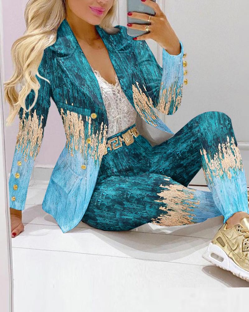 Ladies Fashion Blue Gradient Printed Bronzing Suit Suit
