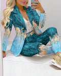 Ladies Fashion Blue Gradient Printed Bronzing Suit Suit