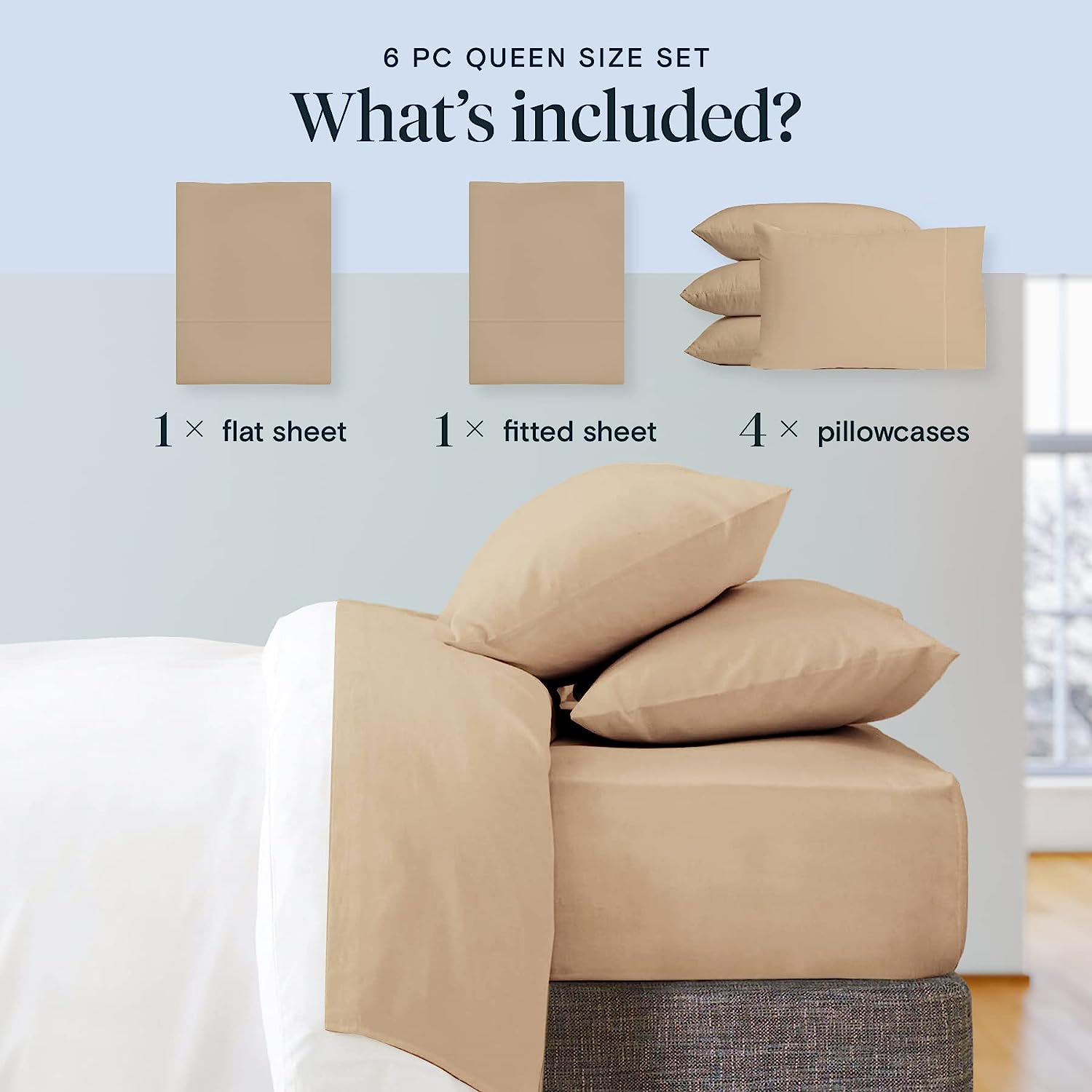 LuxClub 6 PC Queen Sheet Set Bamboo Sheets Deep Pockets 18" Eco Friendly Wrinkle Free Cooling Sheets Machine Washable Hotel Bedding Silky Soft - Light Khaki Queen