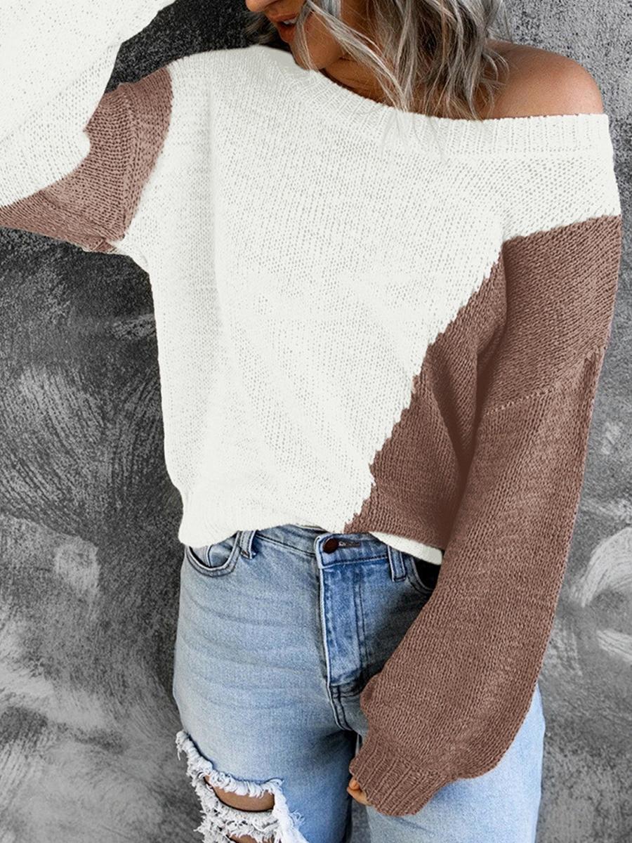 Irregular Color Crew Neck Long-Sleeve Sweater Pullover